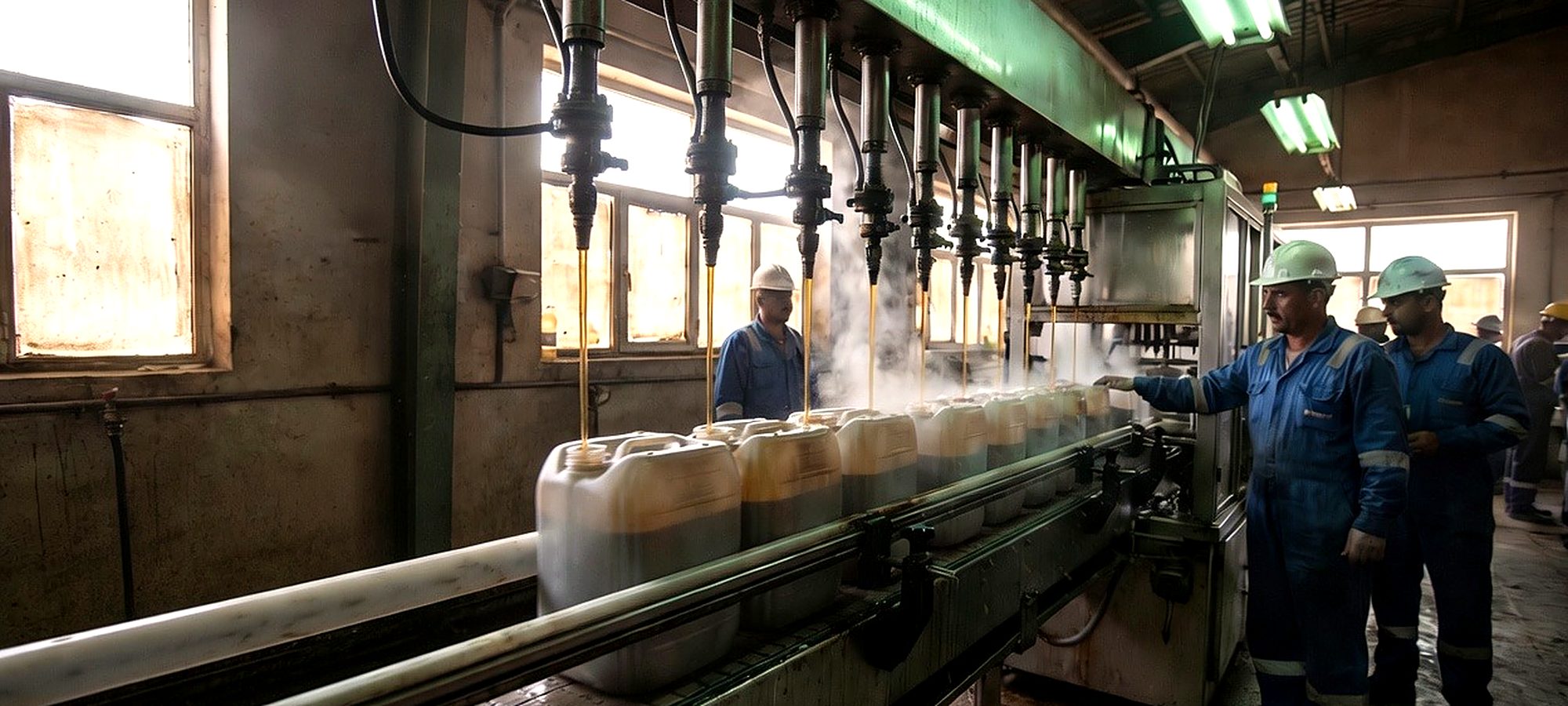 Filling heads above the conveyor